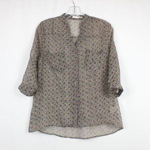 Blue Bird Sheer Button Up Half Sleeve Purple Flower Blouse Shirt Top